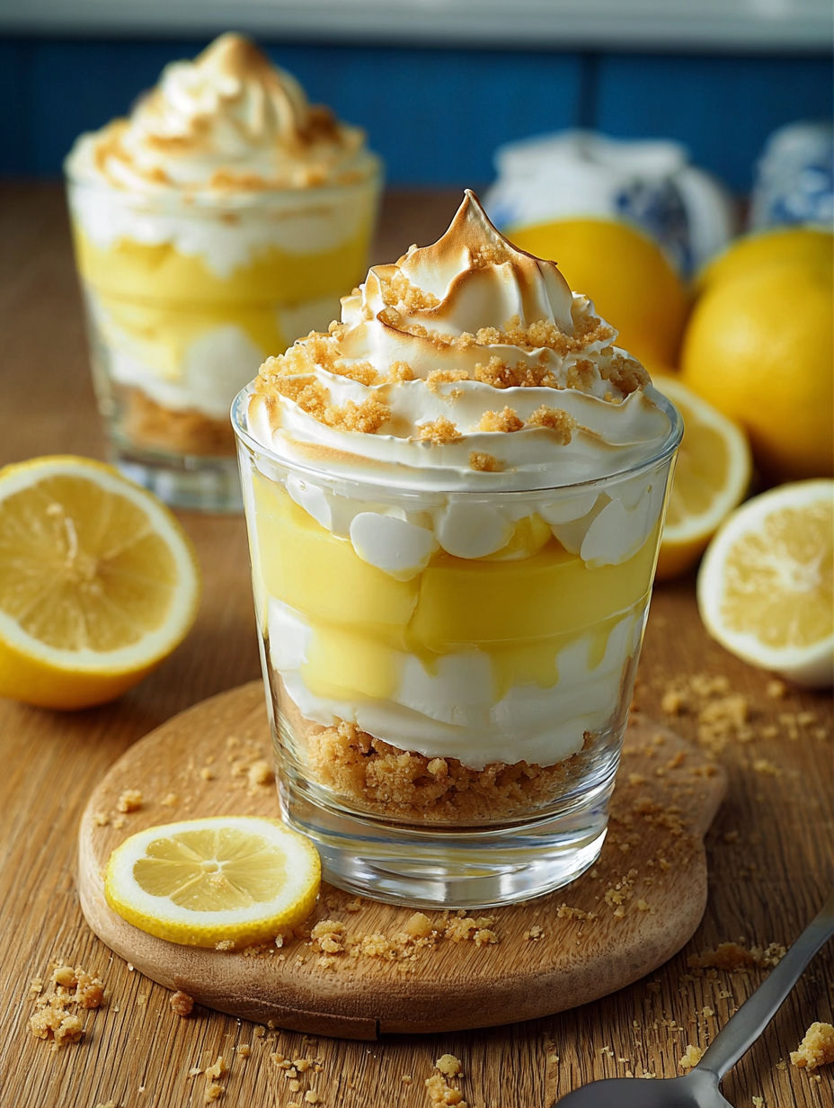 Une tarte aux citrons et croutons, servie dans un verre, est accompagnée de citrons et de croutons.