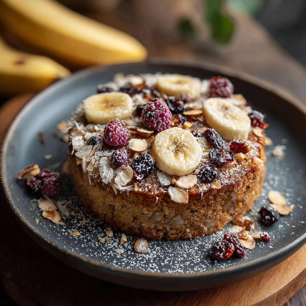 Une tarte aux bananas et raisins, garnie de noix de cajou et de raisins, est servie sur un plateau.