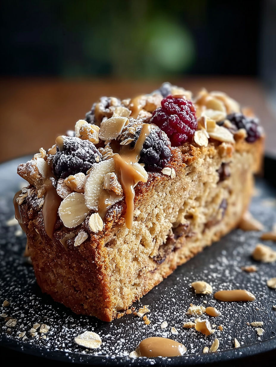 Une tarte aux fruits et noix, garnie de crème de cacao, est servie sur un plateau.