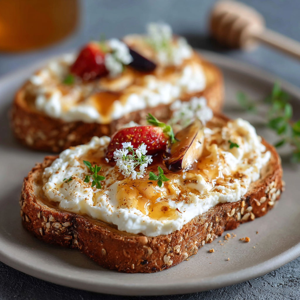 Un toast au fromage avec des fruits et des épices.