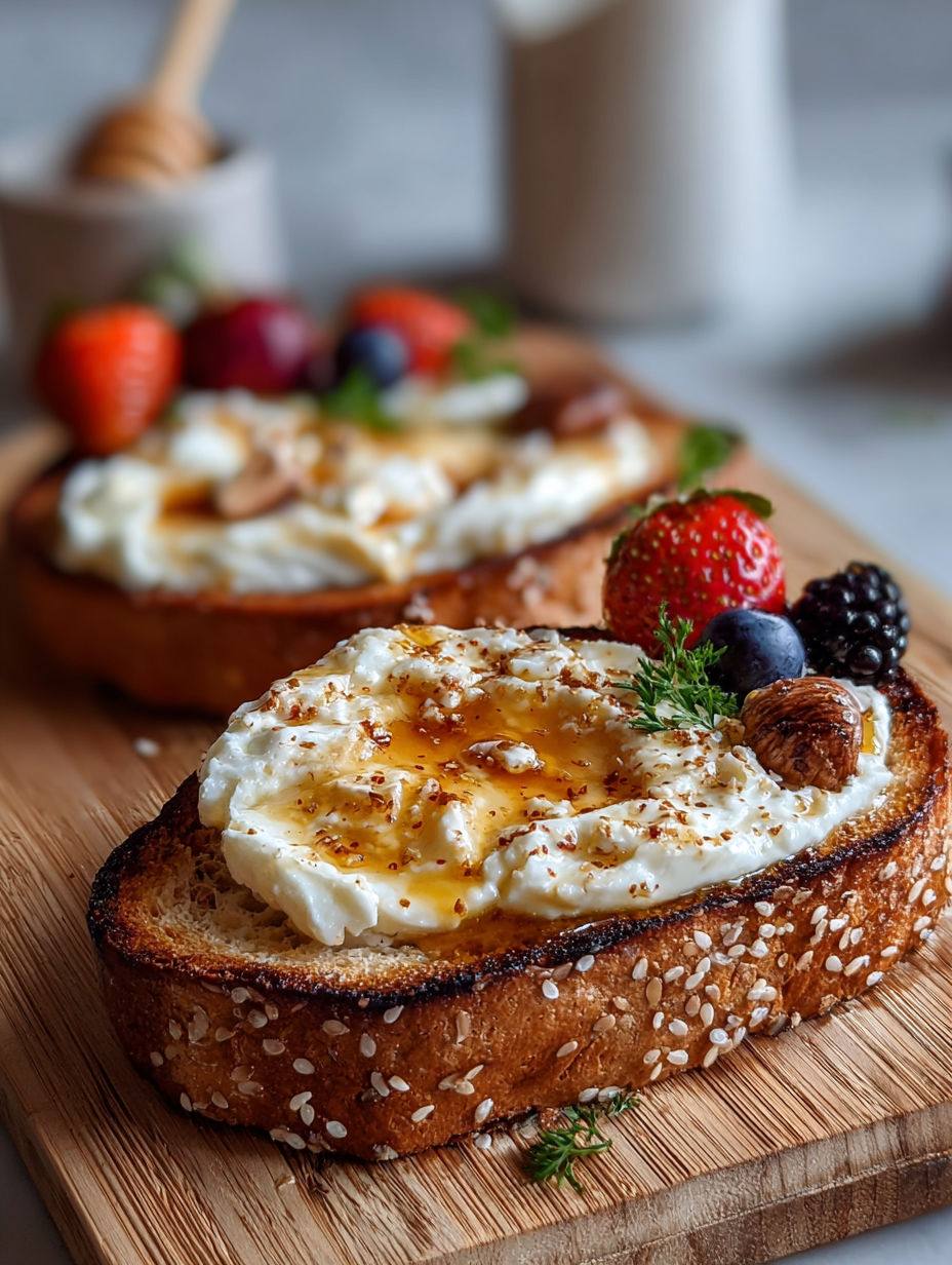 Une tranche de pain grillé avec des fruits frais et des noix.