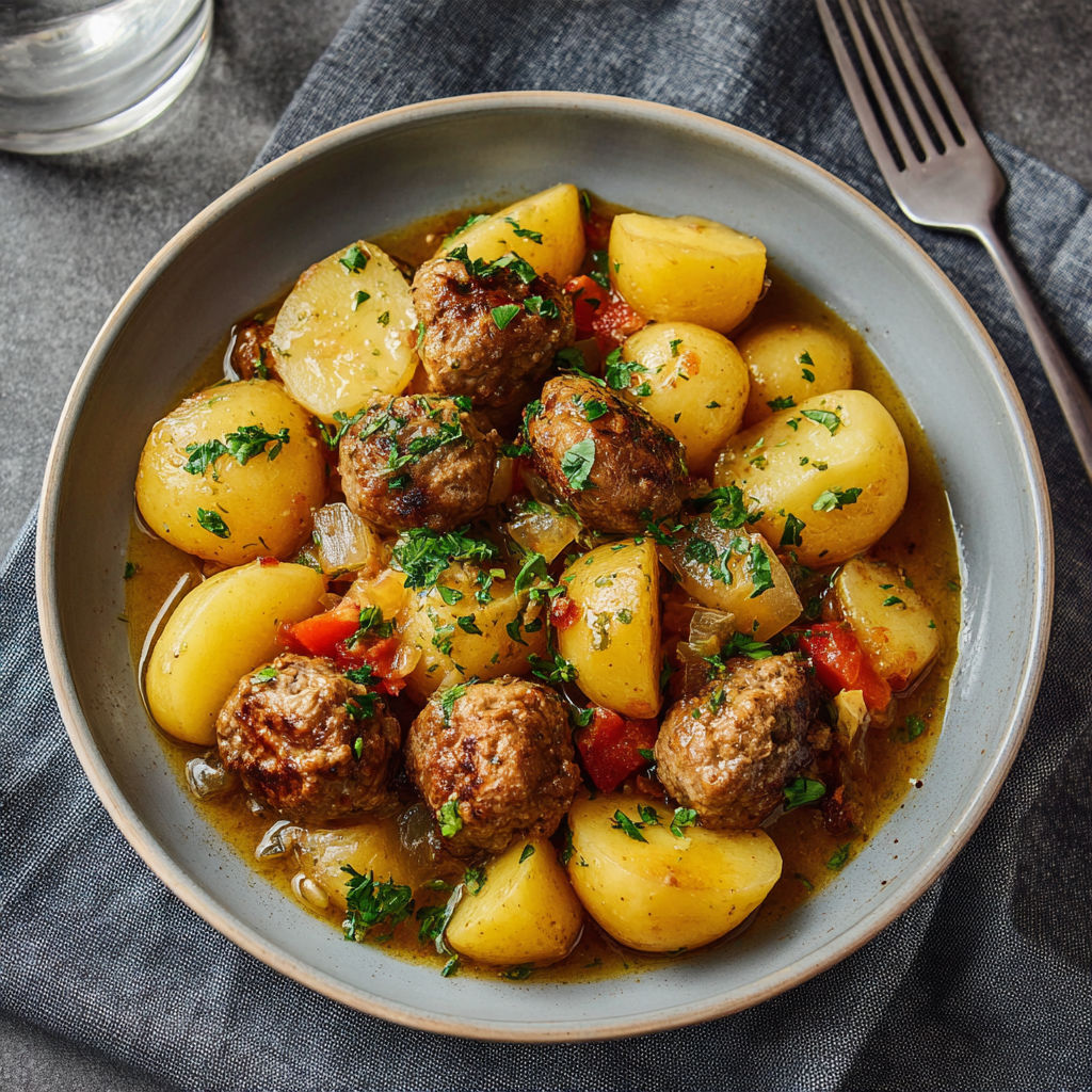 Une recette de boulettes de viande dans une soupe épicée, accompagnée d'une salade de pommes de terre et de carottes.