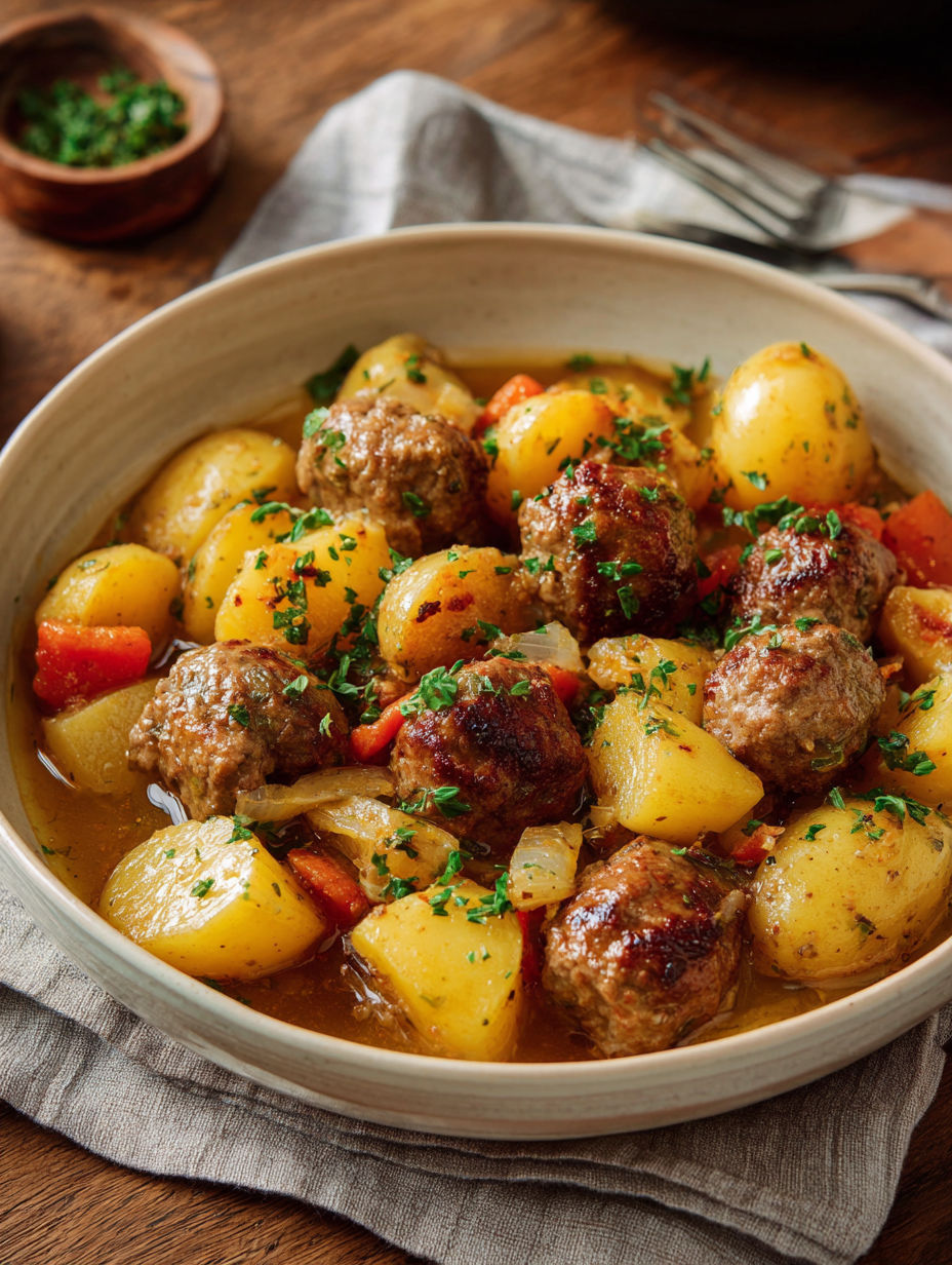 Un plat de viande de boeuf avec des pommes de terre et des carottes.