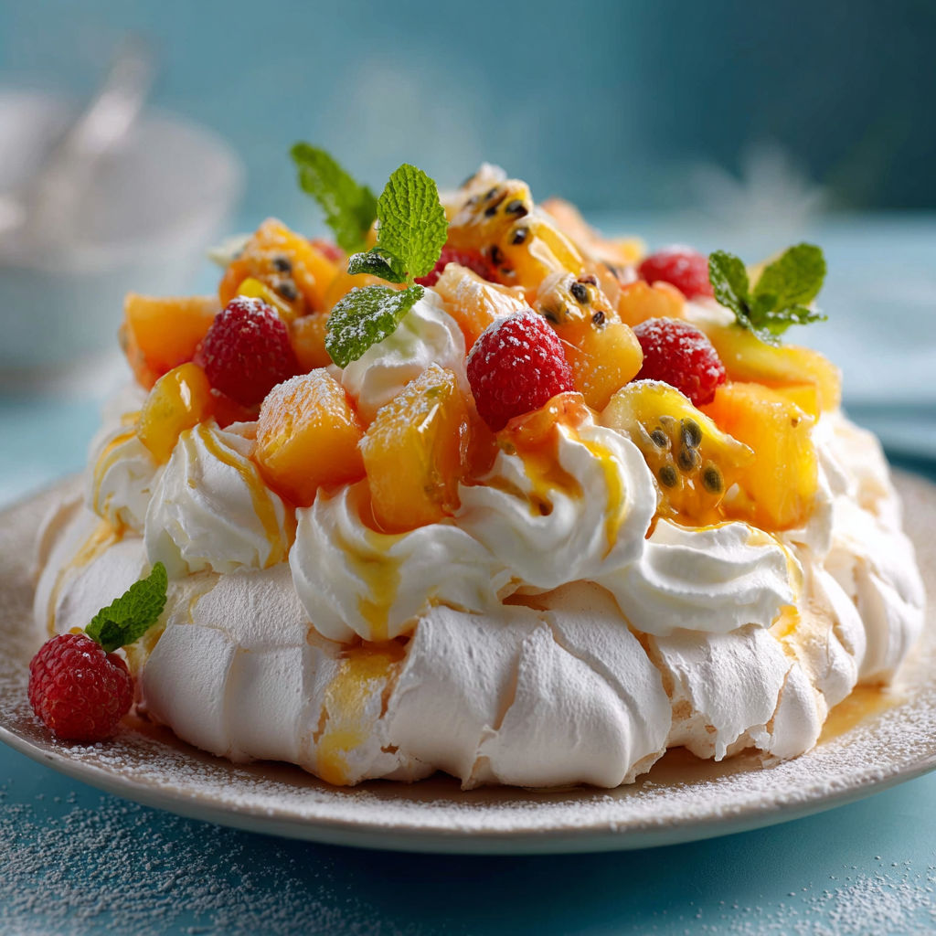 Une tarte aux fruits et crème, garnie de fruits frais et de menthe, est servie sur un plateau.