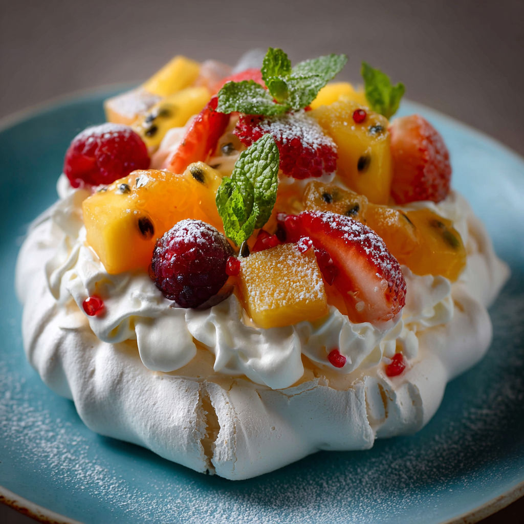 Une tarte aux fruits sur un plateau bleu.