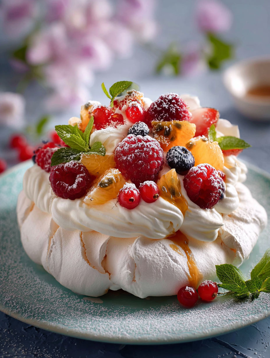 Une tarte aux fruits frais, garnie de framboises, de mûres et de baies, est servie sur un plateau.