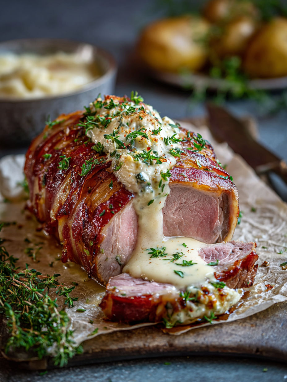 Une viande grillée avec des herbes et des sauces, prête à être servie.
