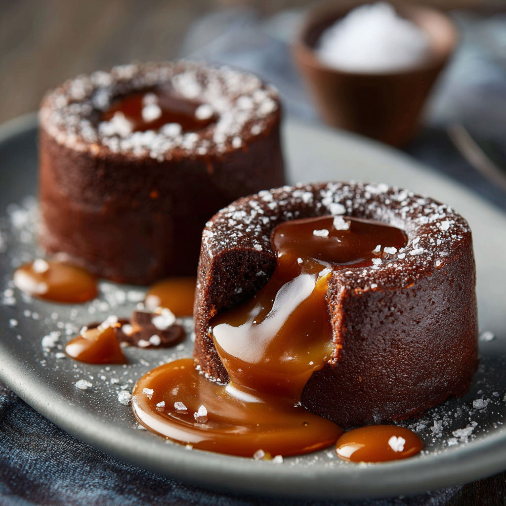Une tarte au chocolat avec une sauce caramel, sur un plateau de verre.