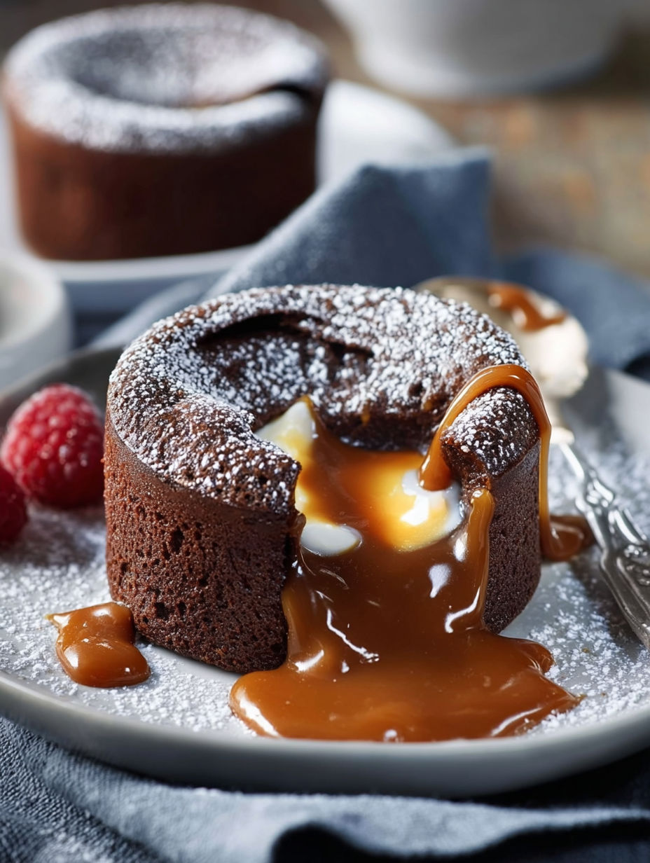 Une tarte au chocolat avec une sauce caramel et des fruits rouges.