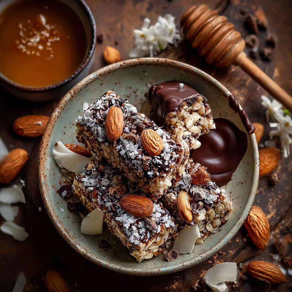 Une recette de desserts salés et sucrés, avec des noix, des graines de cacahuète, du chocolat et du miel, est servie dans un bol sur une table.