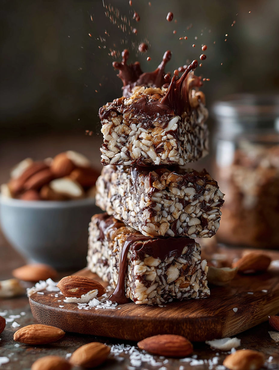 Une barre de desserts chocolat et raisins, avec des noix et des amandes, est servie sur un plateau.