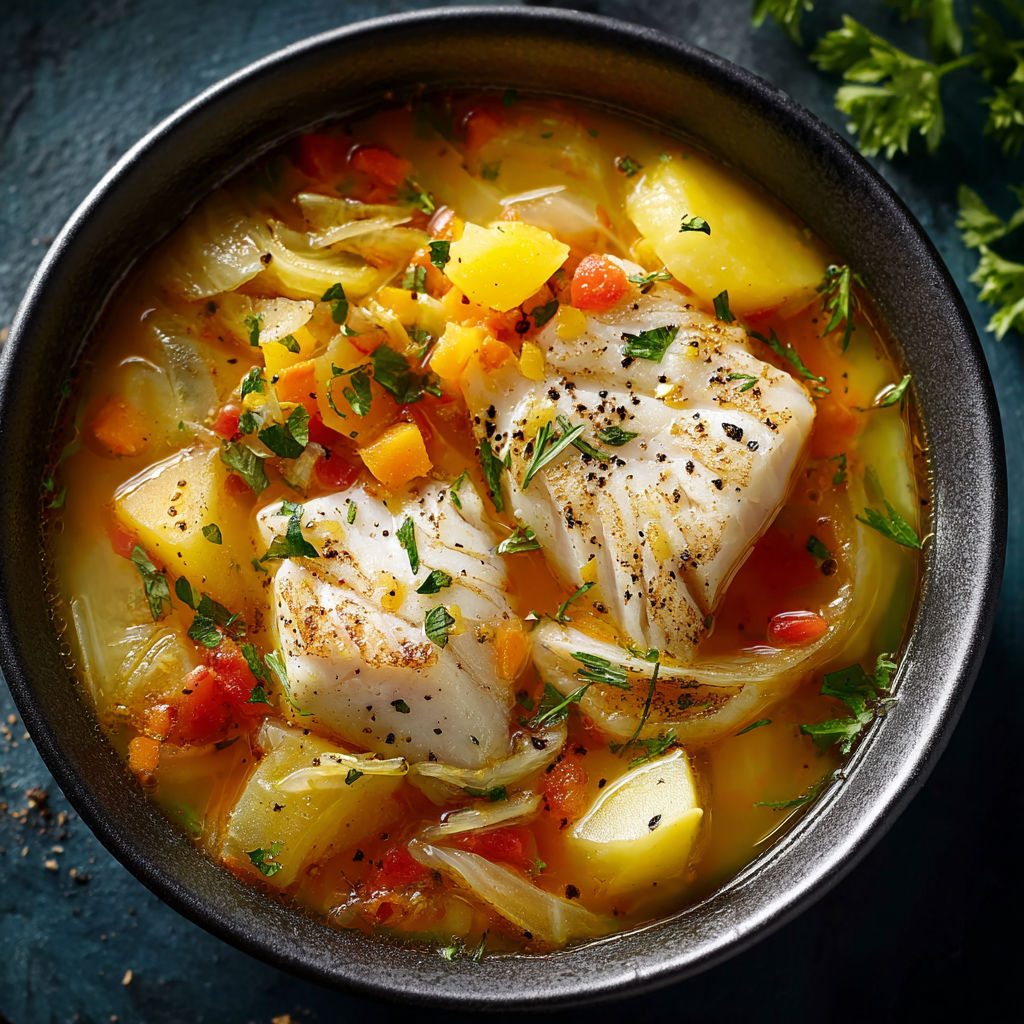 Un plat de poisson et légumes, avec des légumes verts et des légumes rouges, est servie dans un bol.