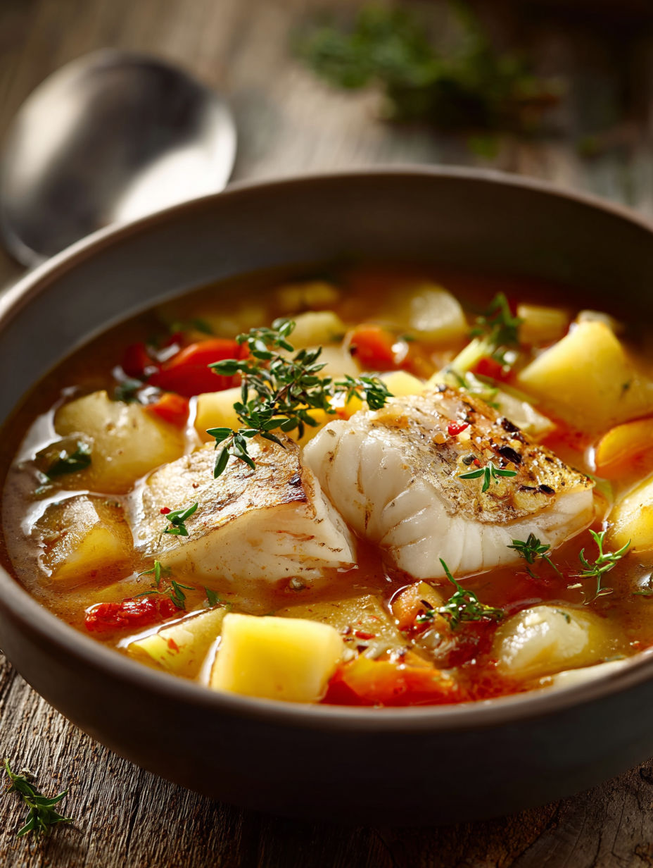 Une soupe de poisson et légumes, avec des légumes tels que des carottes et des pommes de terre, est servie dans un bol.