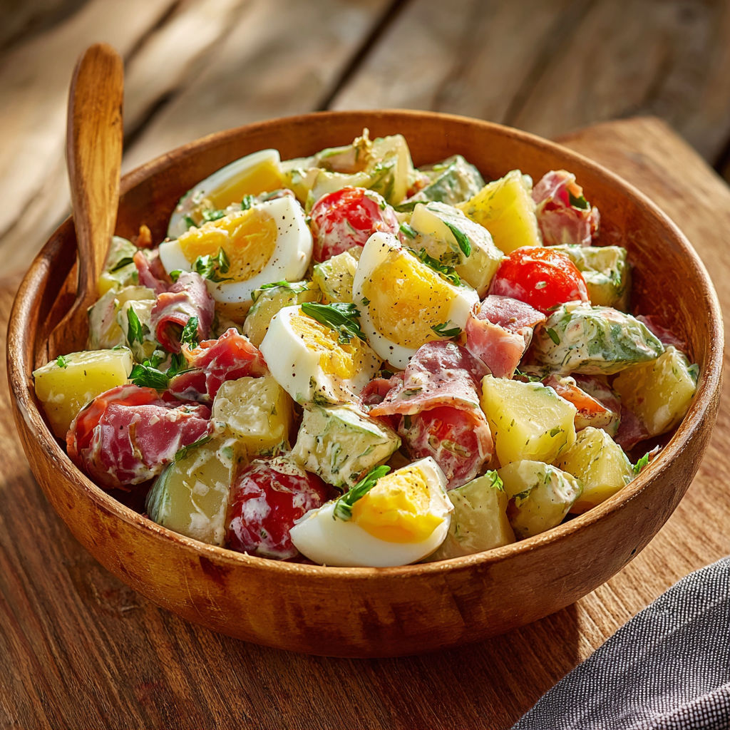 Une salade de poulet, oeufs et tomates dans un bol en bois.
