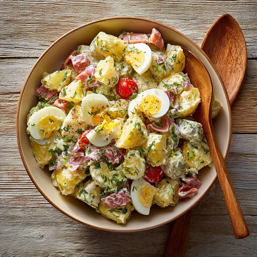 Une salade de pommes de terre et oeufs, avec des légumes et des viandes, est servie dans un bol en bois.