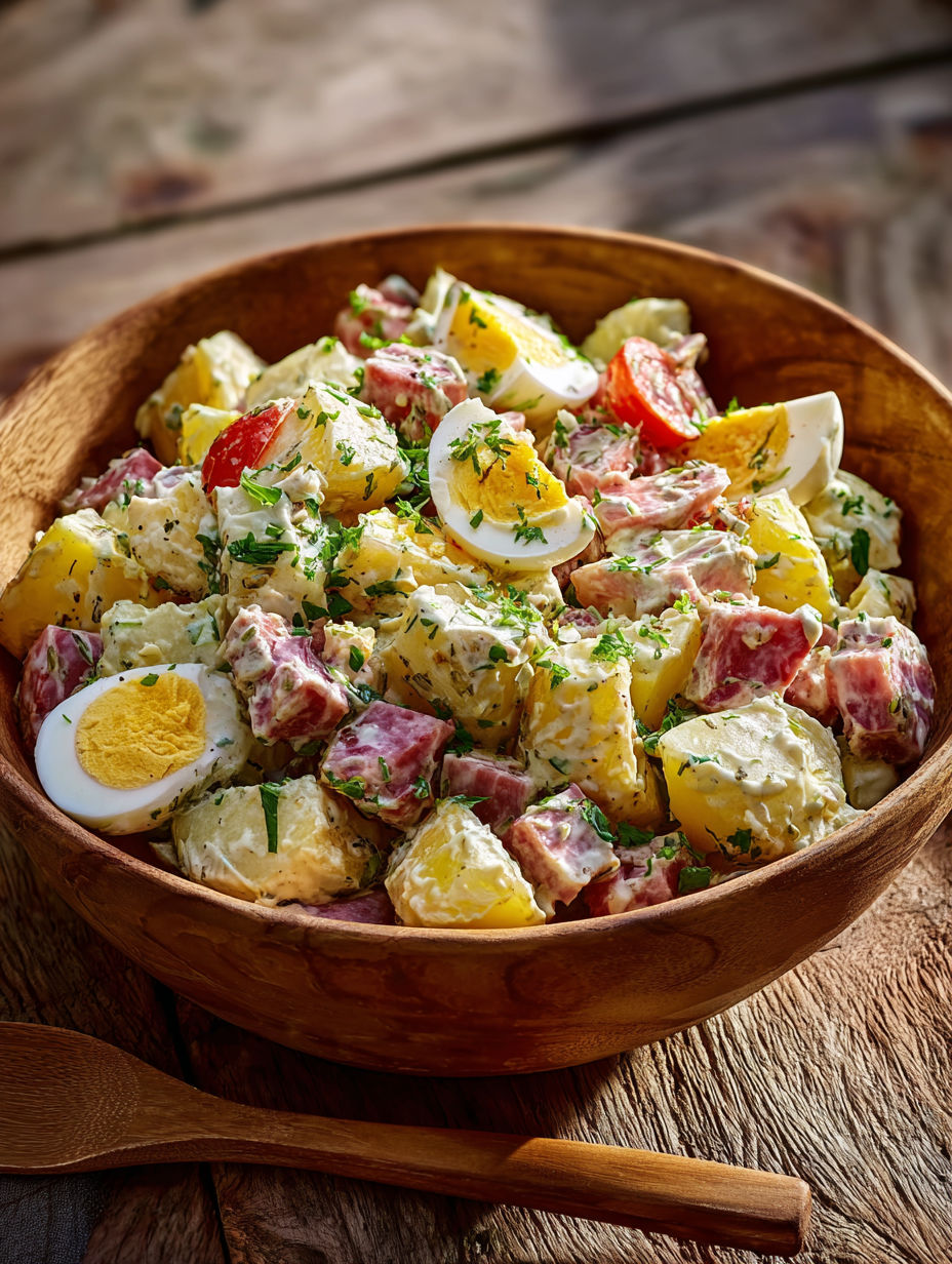 Une salade de pommes de terre et oeufs, avec des herbes et des tomates, est servie dans un bol en bois.