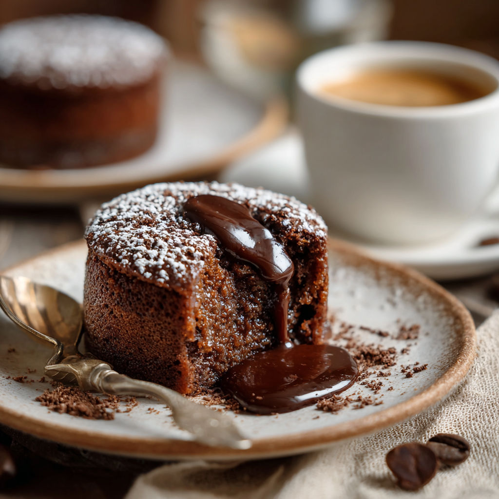 Une tarte au chocolat sur un plateau, accompagnée d'une tasse de café.