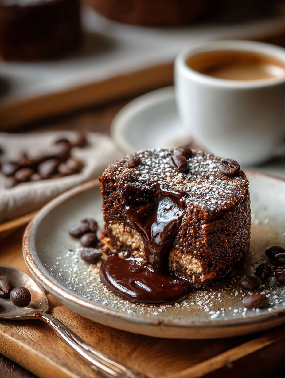 Une tarte aux fruits et chocolat, garnie de chocolat fondu, est servie sur un plateau avec une tasse de café.