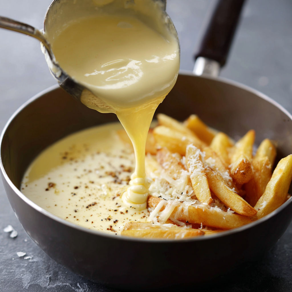 Une sauce est versée dans une poêle avec des frites.