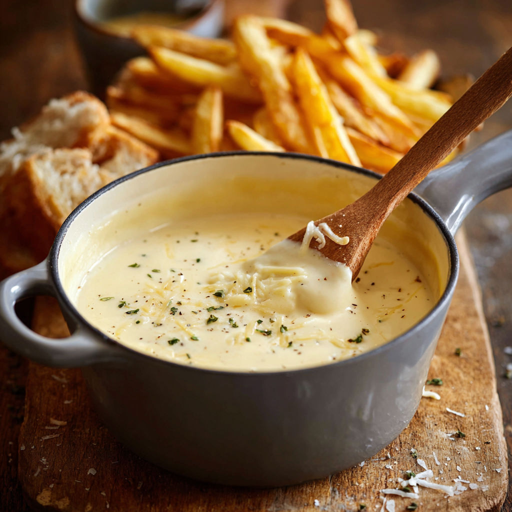 Une soupe au fromage et aux pommes de terre est servie dans un bol en métal.