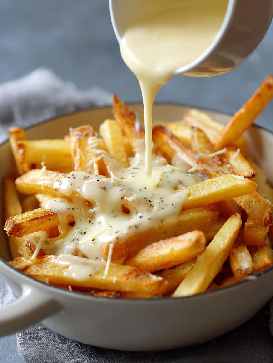 Une pile de frites de pommes de terre avec du fromage râpé et des herbes.