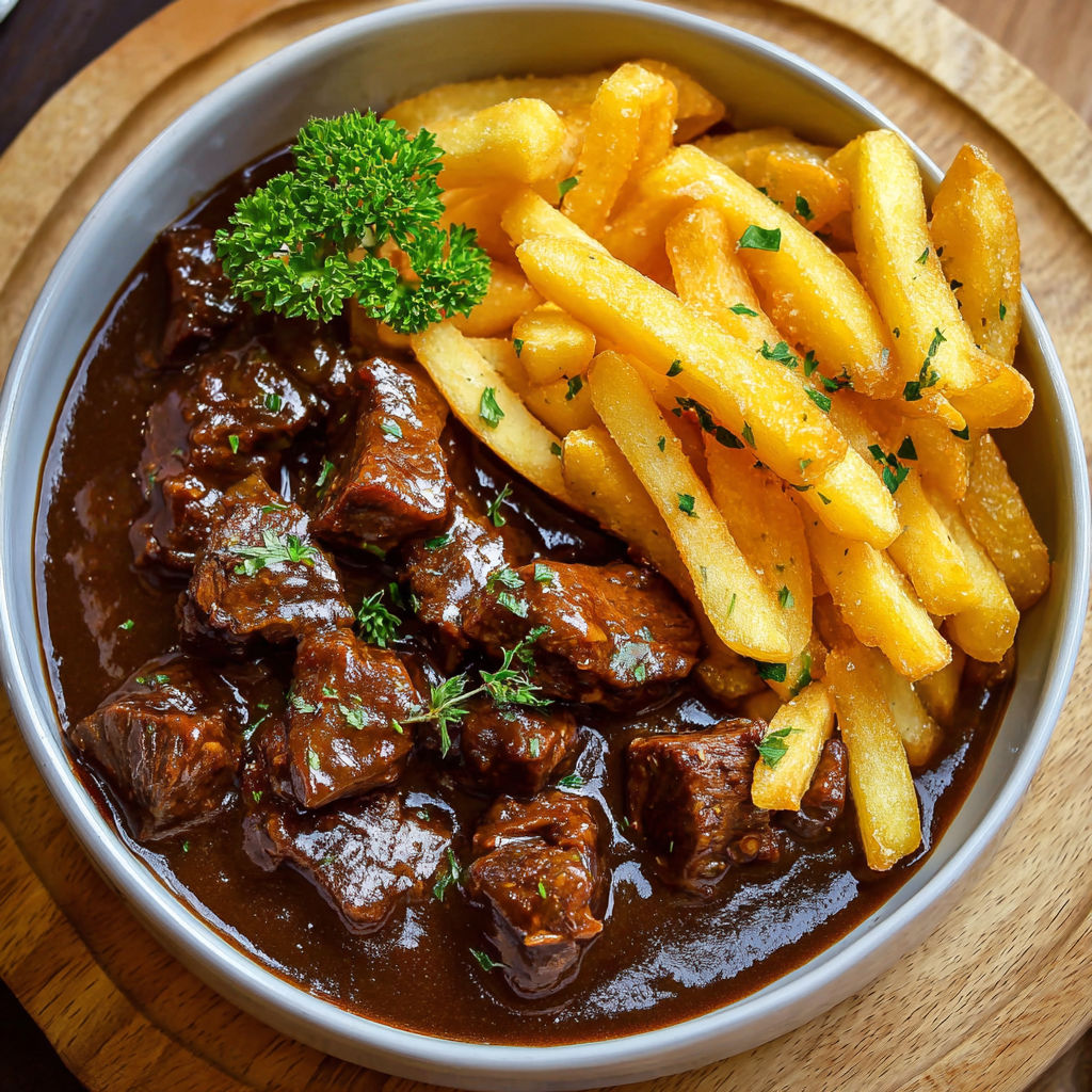 Une recette de steak et pommes frites est servie dans un bol sur une table.
