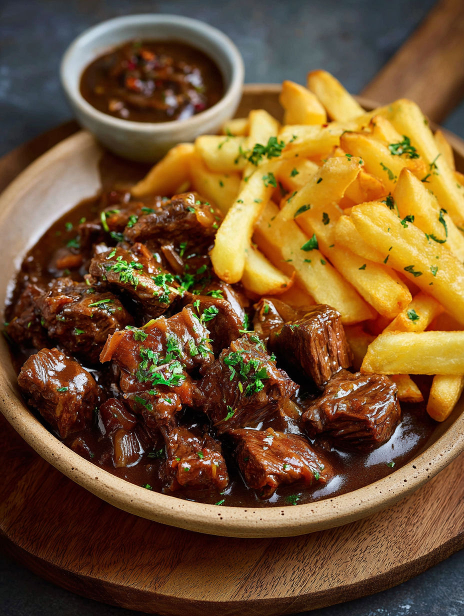 Une recette de steak avec des pommes de terre et des herbes.