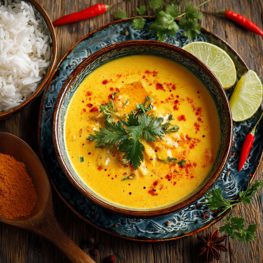 Une recette de curry est servie sur un plateau avec des épices et des légumes.