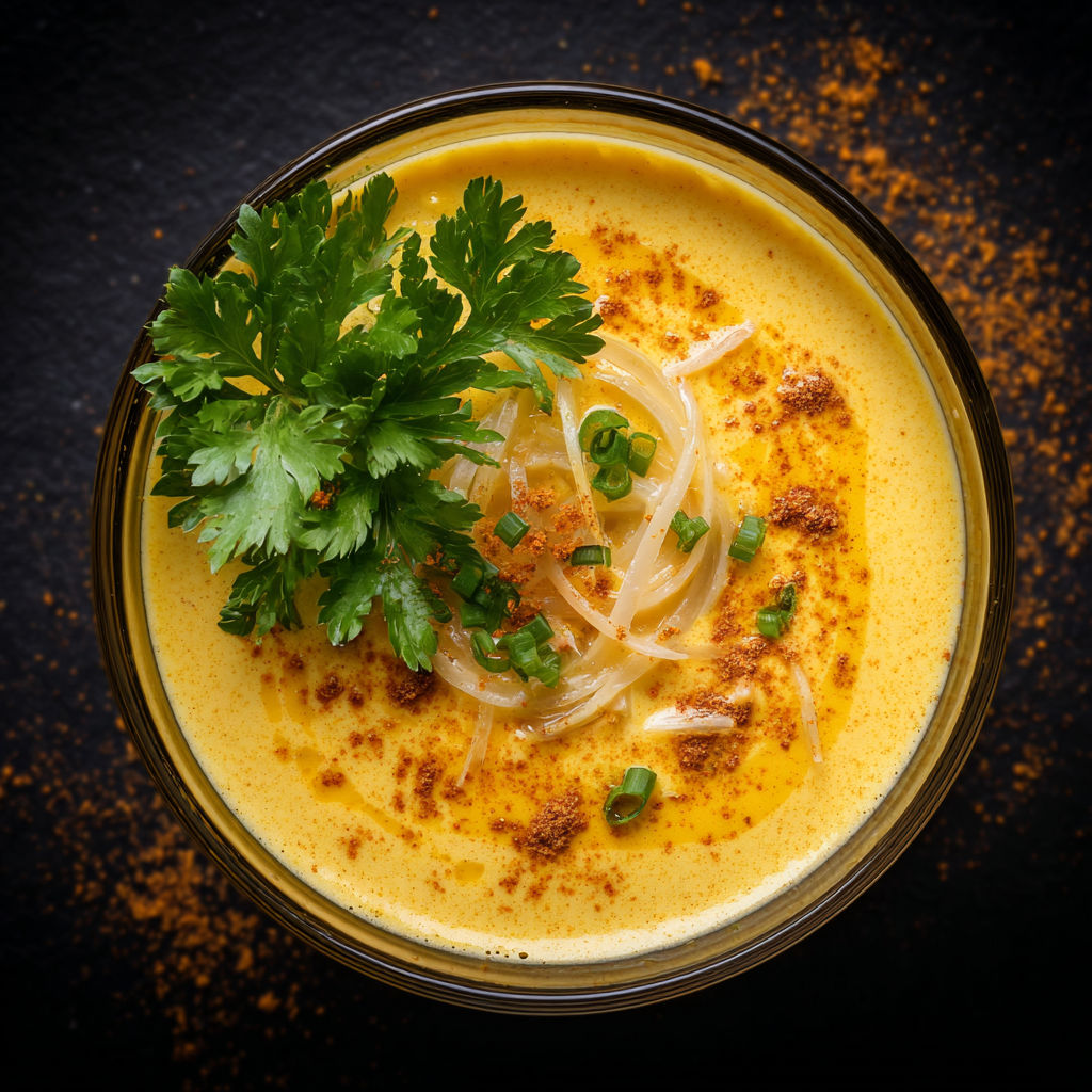 Une soupe chaude avec des herbes et des noix de coco.