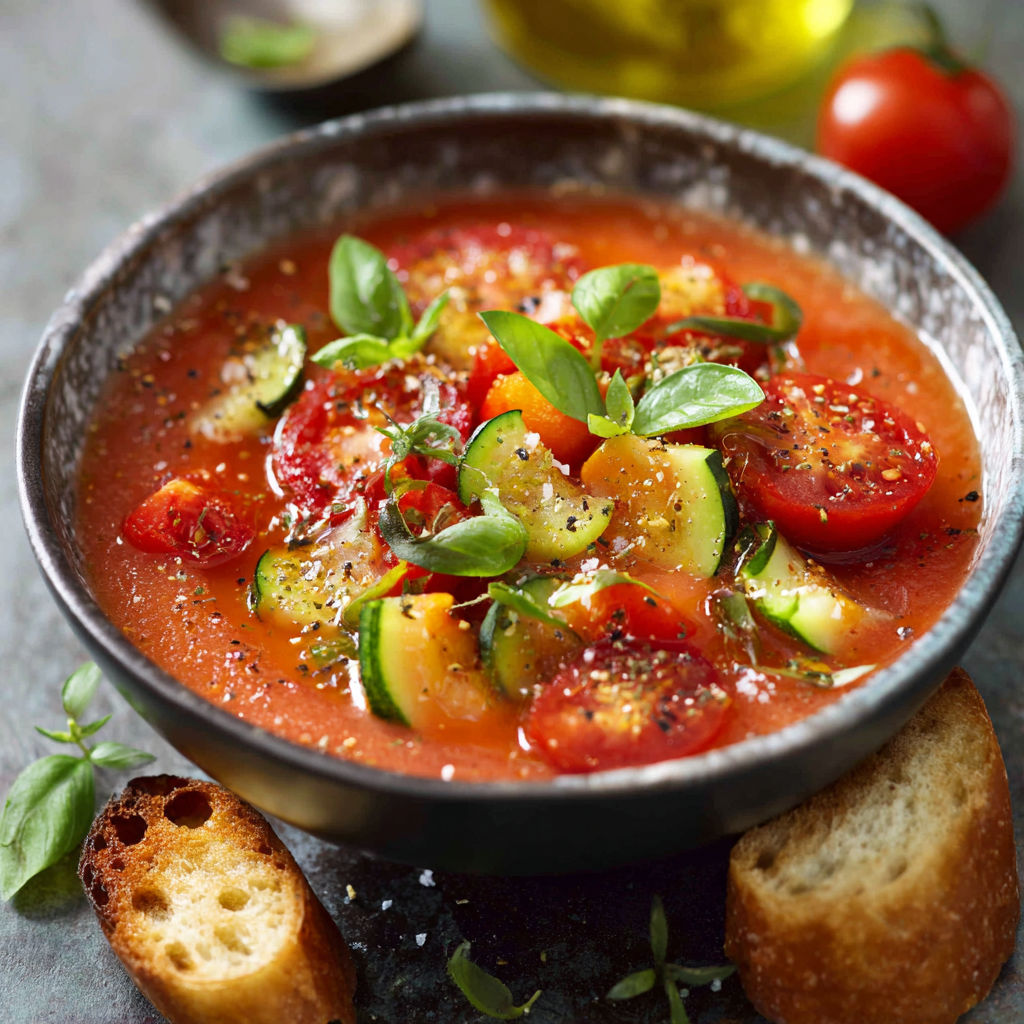 Une soupe froide avec des légumes et du pain grillé.