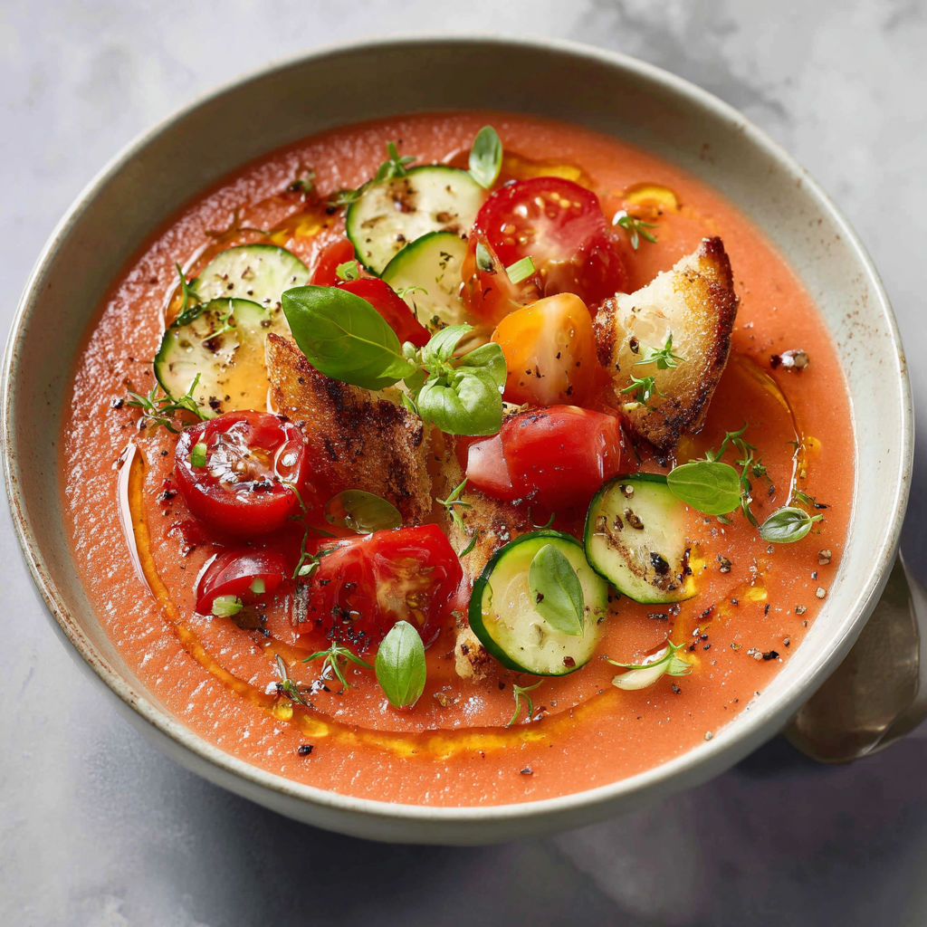 Une soupe tomate et cucumber est servie dans un bol.