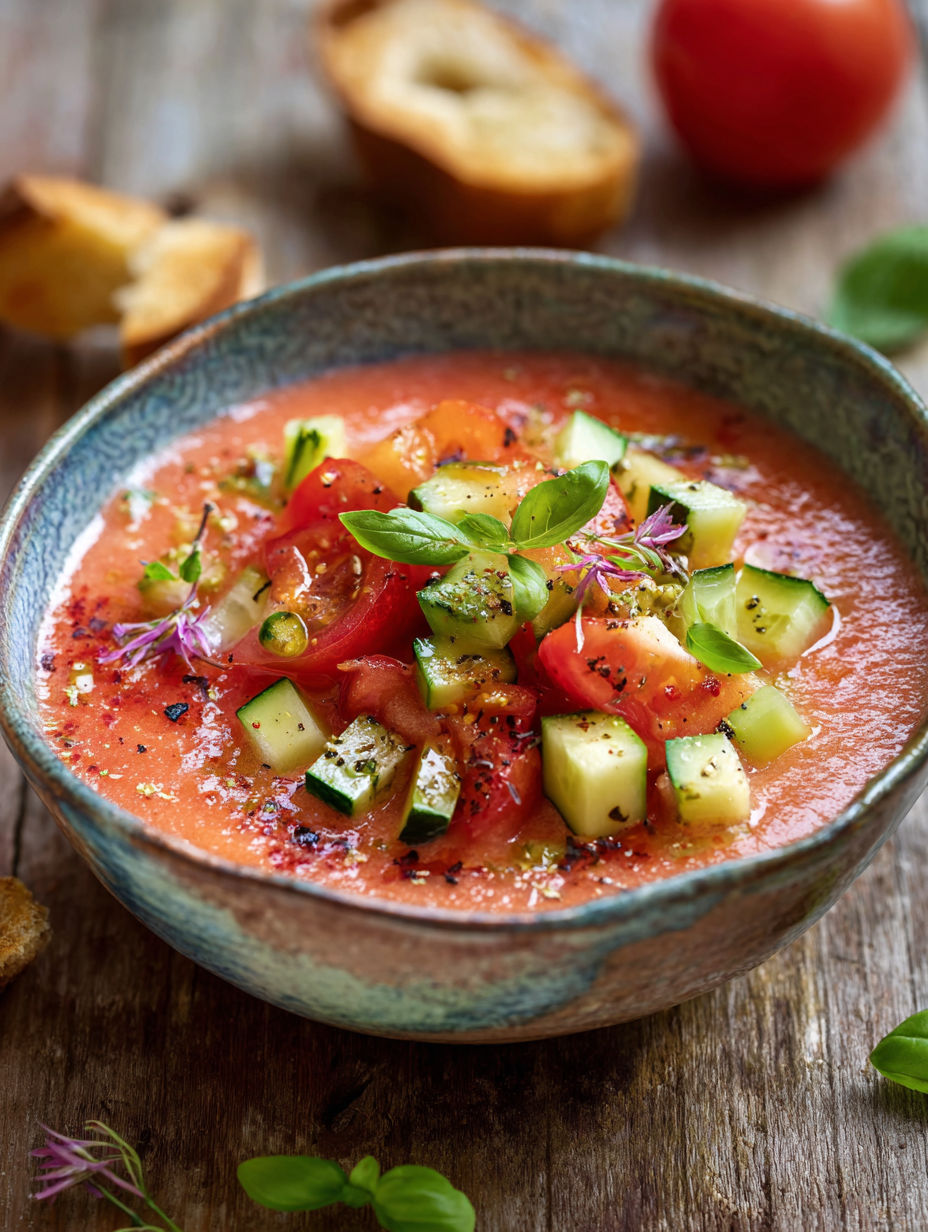 Une soupe tomate et cucumber est servie dans un bol bleu.
