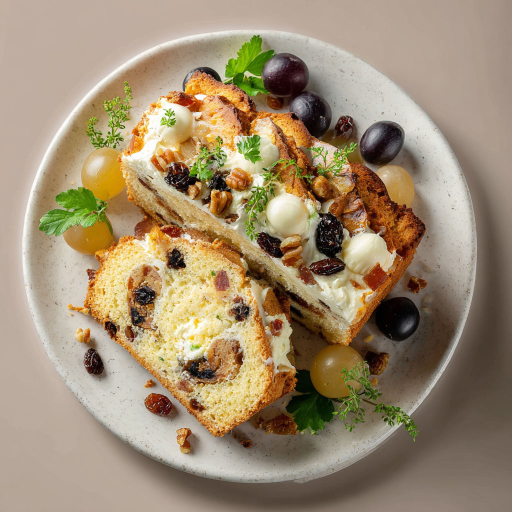Une tarte aux raisins et au beurre de noix, accompagnée de fruits et de garnitures, est servie sur un plateau.