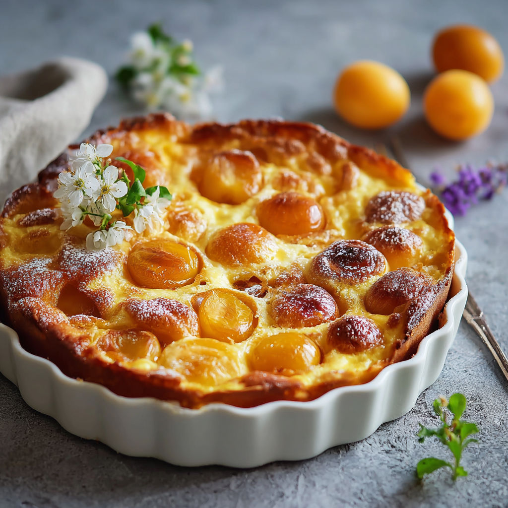 Un délicieux clafoutis aux fruits frais, tel que les quetsches, est présenté sur une table de granit.