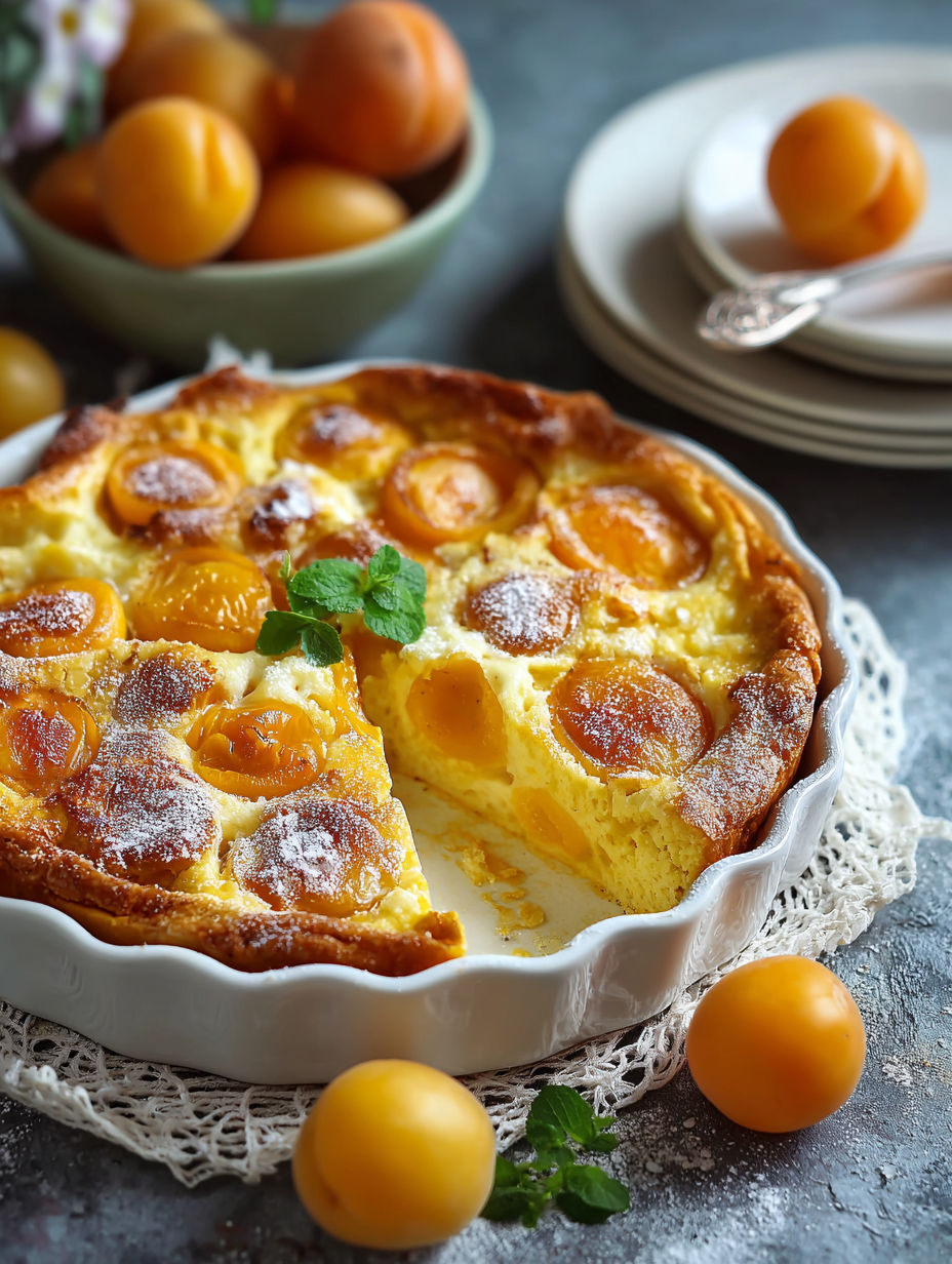 Une tarte aux fruits, avec des cerises et des oranges, est servie sur un plateau avec des oranges et des cerises.