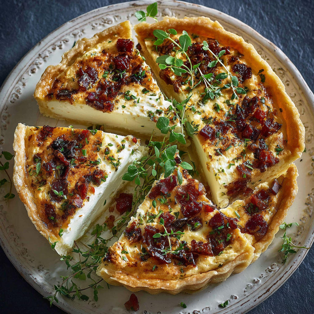 Une tarte garnie est servie sur un plateau, avec des morceaux de quiche et des herbes fraîches.