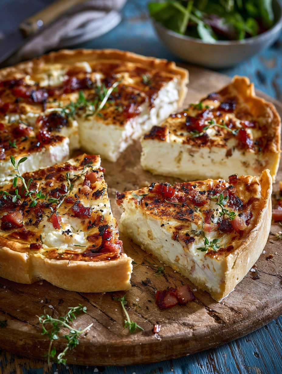 Une tarte garnie est servie sur un plateau de bois.