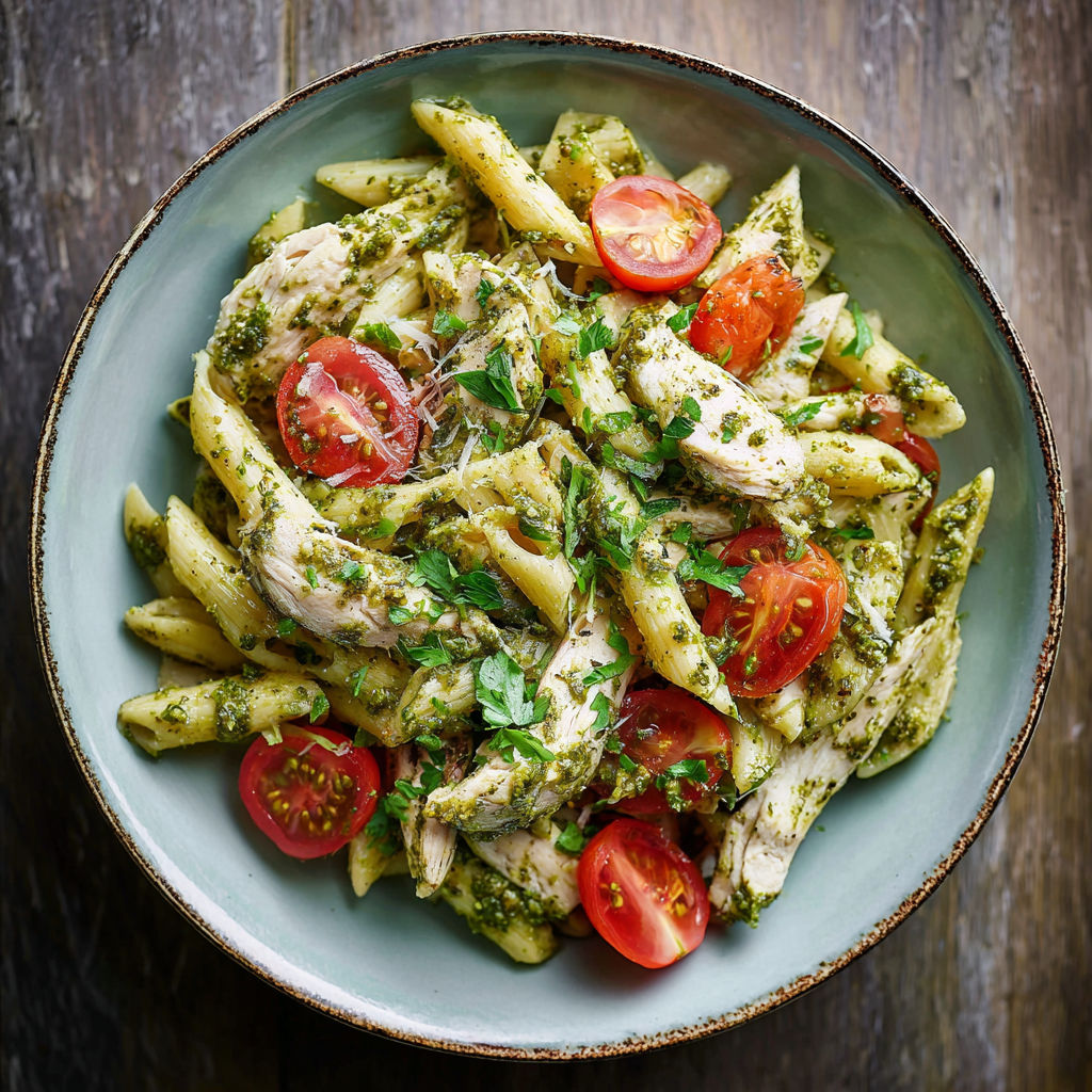 Une salade de penne avec des tomates et des herbes, accompagnée d'un poulet grillé.