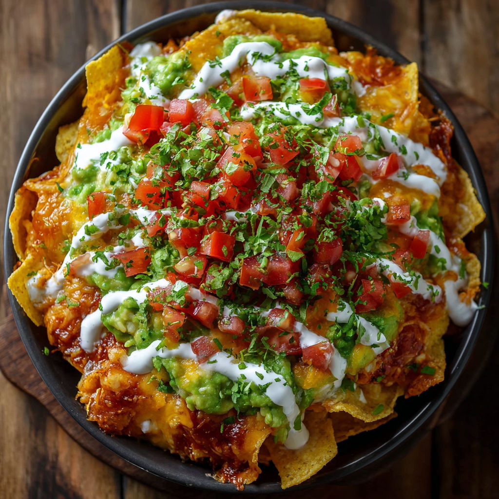 Une pile de nachos mexicains avec des tomates, des avocats et des fromages.