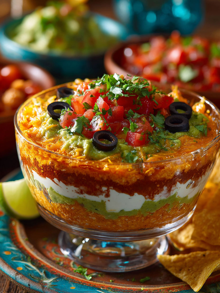 Une salade de guacamole et tomates, avec des chips de tortillas et des oignons verts.
