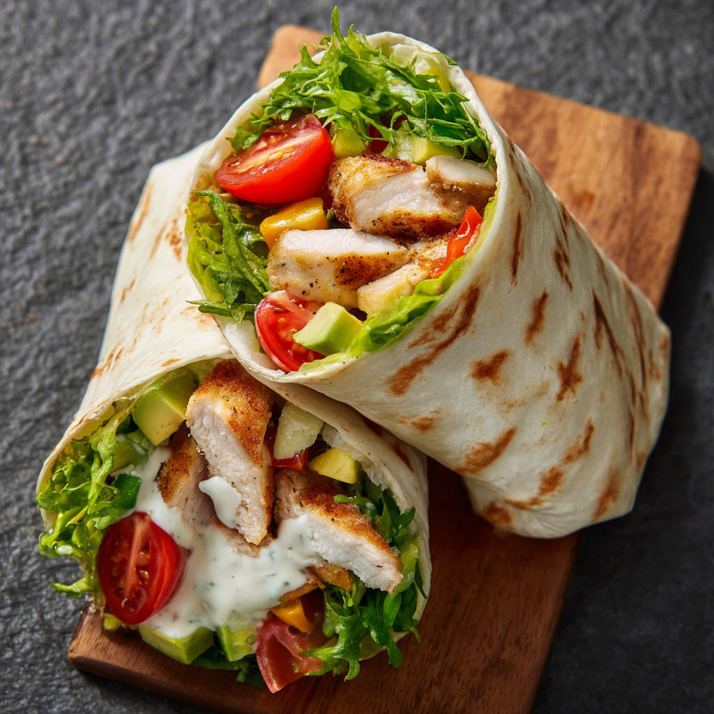 Un sandwich de pollo con coleslaw y tomates, servido en un plato de madera.