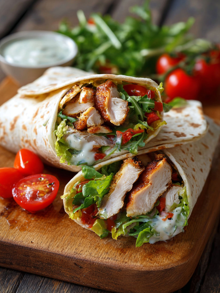 Une poignée de légumes et de viande dans un tortilla, accompagnés d'une sauce.