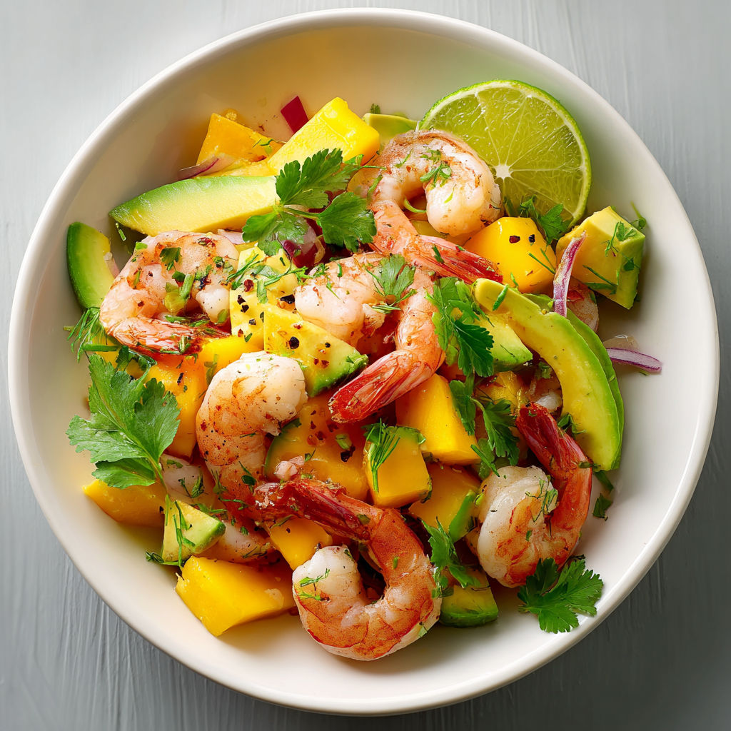 Une salade de crevettes et de mangue avec des herbes et des citrons.