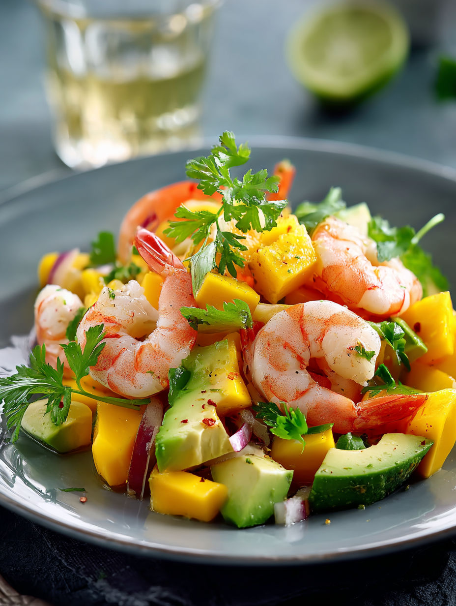Une salade colorée et fraîche, composée de fruits de mer, d'avocats et de herbes, est servie sur un plateau.