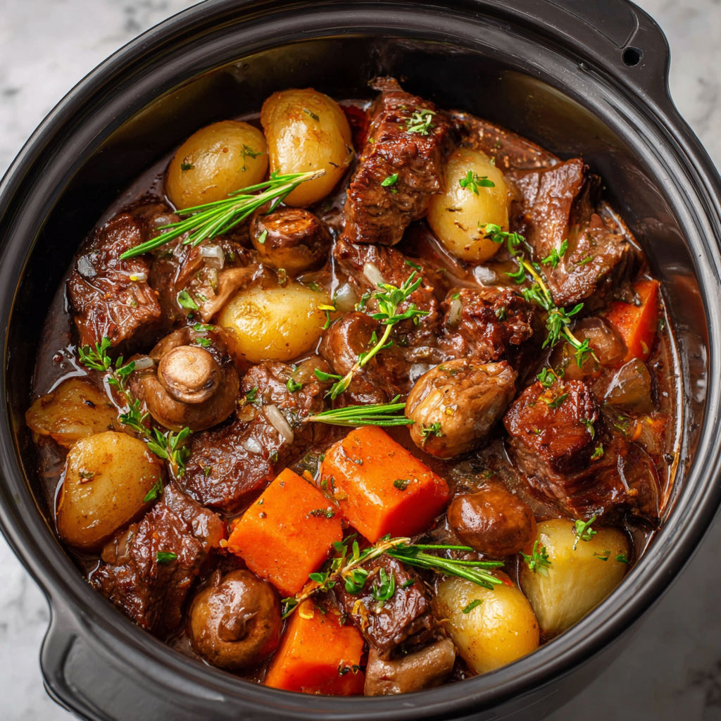 Un pot de bœuf avec des carottes et des champignons.