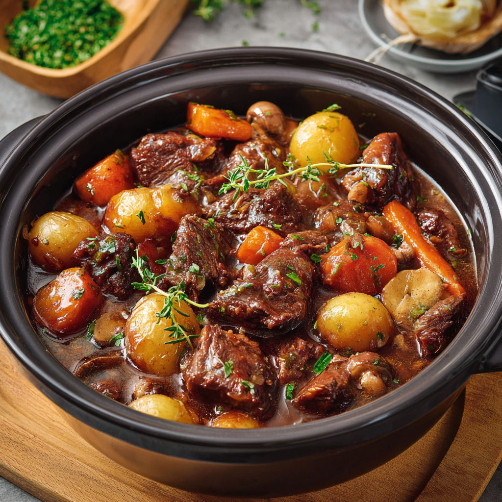 Un plat de viande et légumes dans un bol en bois.