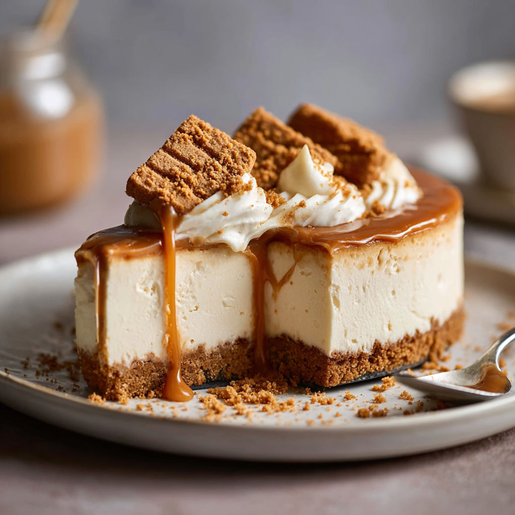 Une tarte aux crustacés de fromage, sauce caramel et crème fouettée, servie sur un plateau.