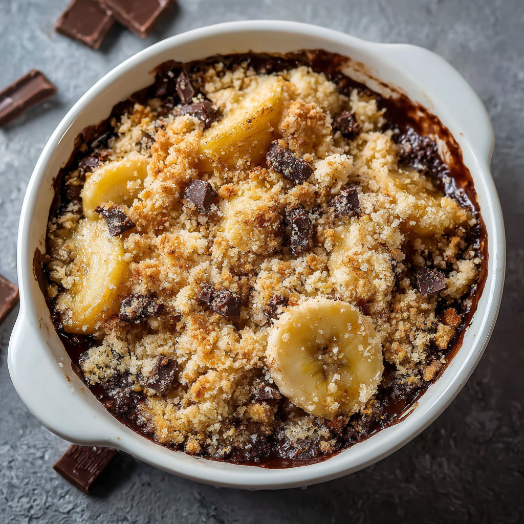 Une recette de dessert chocolat et banane, servie dans un bol blanc.