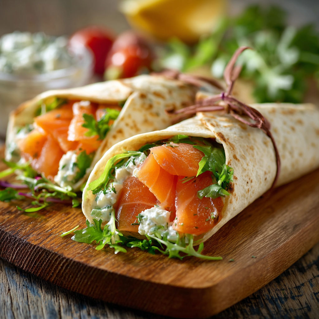 Un délicieux sandwich de saumon et de légumes sur une planche de bois.