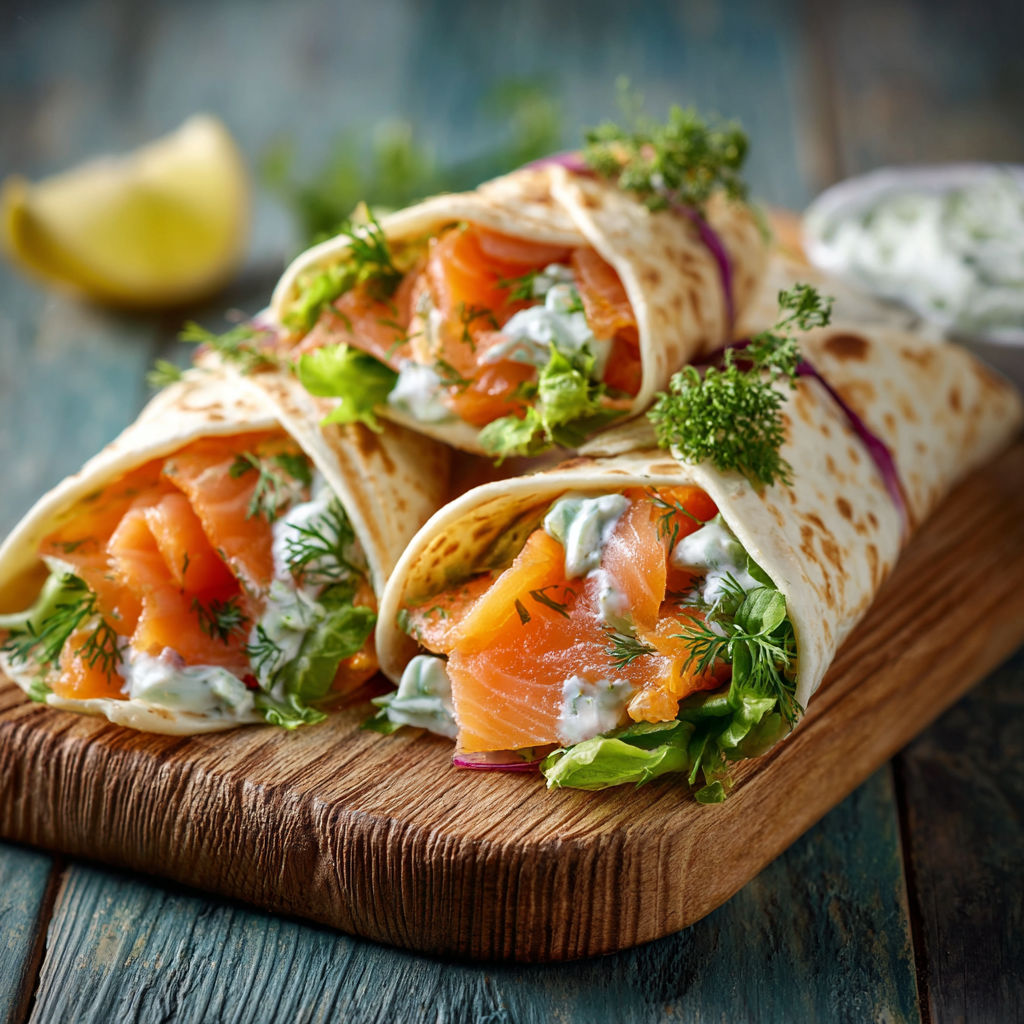 Un délicieux sandwich de saumon et de légumes sur une planche de bois.